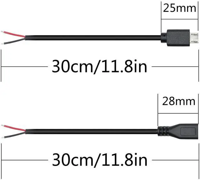 Alt view image 7 of 7 - Vszerda Short Micro USB Male & Female 2 Pin Bare Wire,30cm/11.8in Micro USB to Open End Pigtail Power Cable,Micro USB 22AWG 3A for Micro USB Equipment Installed or Replace Repair DIY Cable(4Pcs)