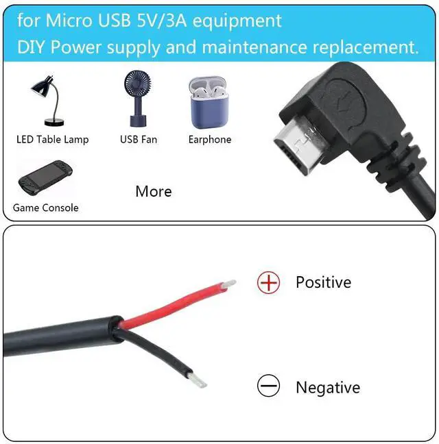 Alt view image 6 of 7 - Vszerda 4Pcs Right Angle Micro USB to 2 Pin Bare Wire Open End Cable 11inch, 90 Degree USB Male Plug Pigtail Power Wire 5V/3A, for Equipment Installed or Replacement Repair DIY