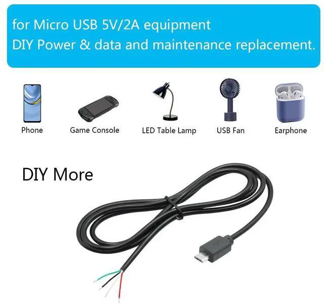 Alt view image 6 of 7 - Vszerda 2Pcs Micro USB Male 4 Pin Bare Wire 3FT, 24AWG USB 5V/2A 4 Pin Pigtail Open End Power and Data Cable, for USB Equipment Installed or Replacement Repair DIY Cable