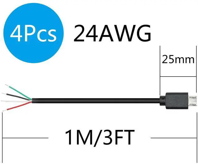Alt view image 7 of 7 - Vszerda 2Pcs Micro USB Male 4 Pin Bare Wire 3FT, 24AWG USB 5V/2A 4 Pin Pigtail Open End Power and Data Cable, for USB Equipment Installed or Replacement Repair DIY Cable