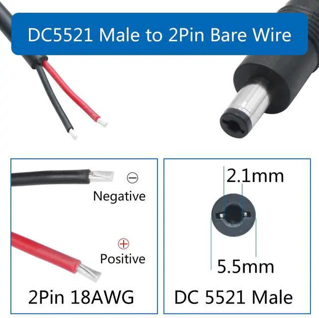 Alt view image 5 of 7 - Vszerda 12V DC Power Pigtails Cable,1m/3.3ft DC 5.5mm x 2.1mm Male Plug to Bare Wire Open End Power Wire,18AWG DC Barrel Plug Connector,for DC 5521 Port Supply Replacement Repair(2Pcs)