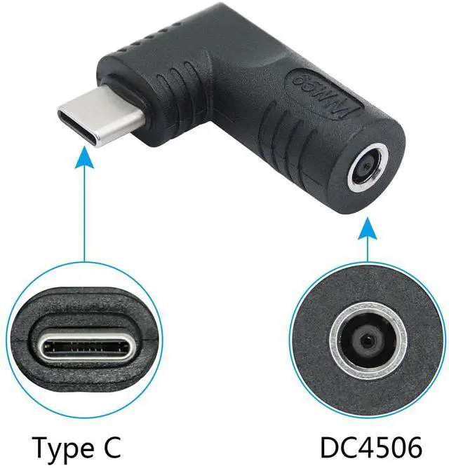 Alt view image 2 of 6 - Vszerda Right Angle DC 4506 to USB C Connector Adapter, 90 Degree PD 65W DC 4.5mm x 0.6mm to USB Type C Male Plug Power Charge Adapter for Laptop, Phone - Black