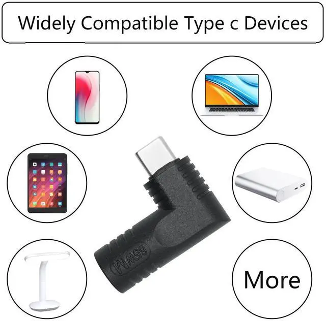 Alt view image 5 of 6 - Vszerda Right Angle DC 4506 to USB C Connector Adapter, 90 Degree PD 65W DC 4.5mm x 0.6mm to USB Type C Male Plug Power Charge Adapter for Laptop, Phone - Black
