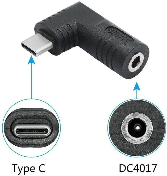 Alt view image 2 of 6 - Vszerda Right Angle DC 4017 to USB C Connector Adapter, 90 Degree PD 65W DC 4.0mm x 1.7mm to USB Type C Male Plug Power Charge Adapter for Laptop, Phone - Black