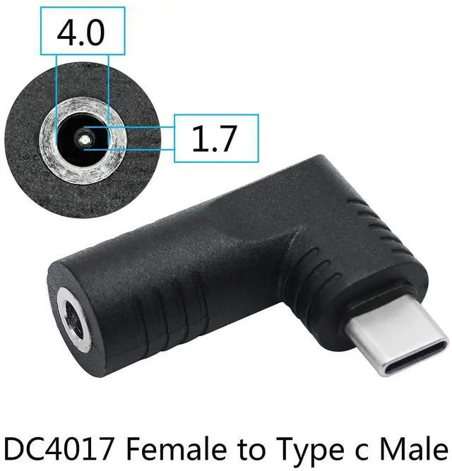 Alt view image 4 of 6 - Vszerda Right Angle DC 4017 to USB C Connector Adapter, 90 Degree PD 65W DC 4.0mm x 1.7mm to USB Type C Male Plug Power Charge Adapter for Laptop, Phone - Black