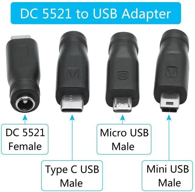 Alt view image 6 of 7 - Vszerda 6Pcs DC 5.5mm x 2.1mm to USB Adapter, 5V DC 5521 Female to Type C & Micro & Mini USB Male Plug Convert Connector Power (Mixed)