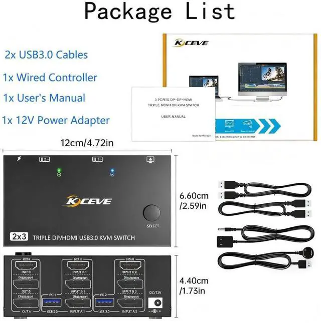 Alt view image 7 of 7 - 8K KVM Switch 3 Monitors 2 Computers 8K@60Hz 4K@144Hz,3 Monitors KVM Switch for 2 Computers Sharing Triple Monitors,Keyboard,Mouse,Printer with 2*USB3.0 Cables,Power Adapter and Controller