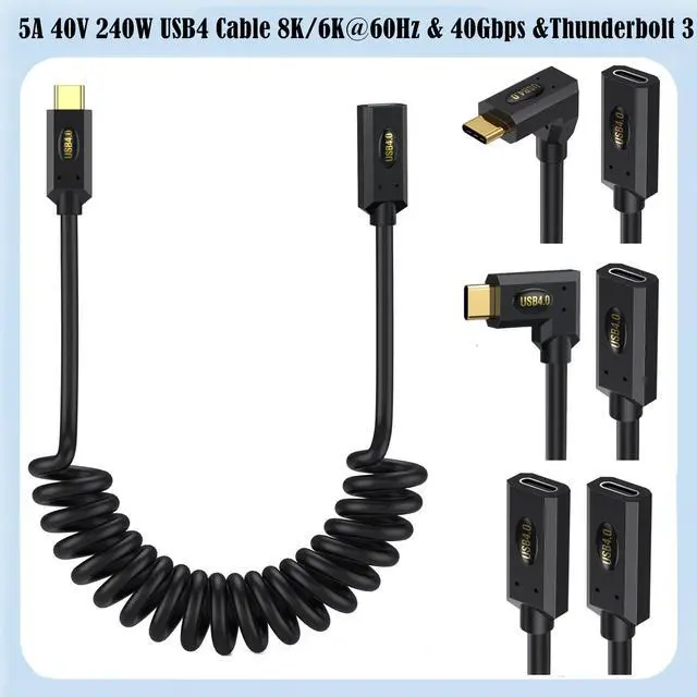 Alt view image 4 of 6 - Vszerda USB4.0 Cable Spring Coiled, USB C to USB C Cord 8K/6K @60hz 40Gbps 240W Fast Data Charging Type C Spring Spiral Cord Cables, 4FT/1.2M (Male to Male, Left/Right to Left/Right)