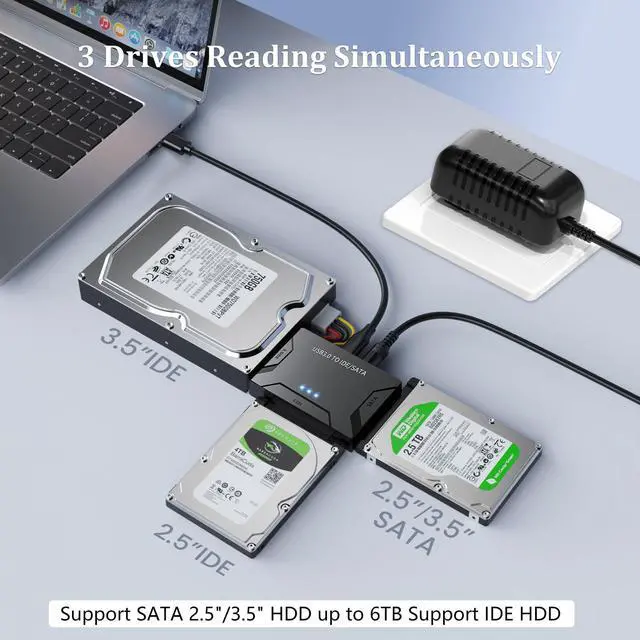 Alt view image 2 of 7 - Vszerda Hard Drive Reader USB 3.0 & Type C to SATA IDE Adapter, Universal 2.5"/3.5" HDD/SSD Converter, One Touch Backup Function, Included 12V/2A Power Adapter