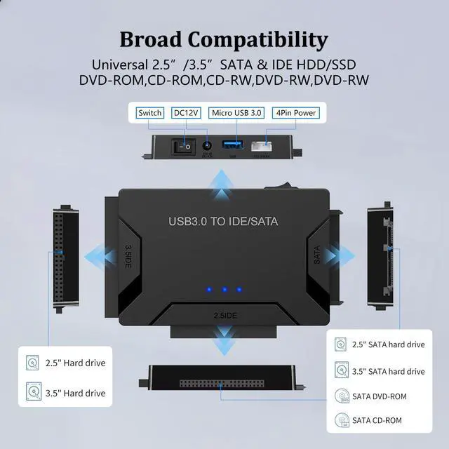 Alt view image 3 of 7 - Vszerda Hard Drive Reader USB 3.0 & Type C to SATA IDE Adapter, Universal 2.5"/3.5" HDD/SSD Converter, One Touch Backup Function, Included 12V/2A Power Adapter