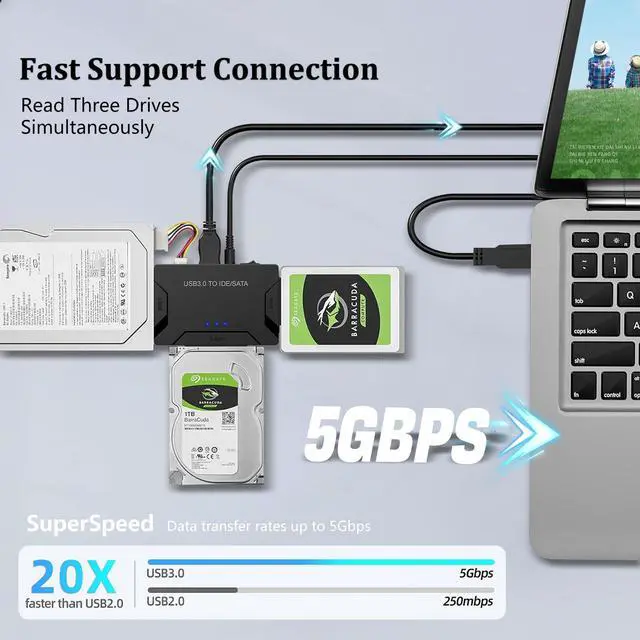 Alt view image 4 of 7 - Vszerda Hard Drive Reader USB 3.0 & Type C to SATA IDE Adapter, Universal 2.5"/3.5" HDD/SSD Converter, One Touch Backup Function, Included 12V/2A Power Adapter