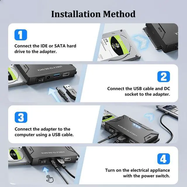 Alt view image 6 of 7 - Vszerda Hard Drive Reader USB 3.0 & Type C to SATA IDE Adapter, Universal 2.5"/3.5" HDD/SSD Converter, One Touch Backup Function, Included 12V/2A Power Adapter