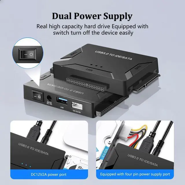 Alt view image 5 of 7 - Vszerda Hard Drive Reader USB 3.0 & Type C to SATA IDE Adapter, Universal 2.5"/3.5" HDD/SSD Converter, One Touch Backup Function, Included 12V/2A Power Adapter