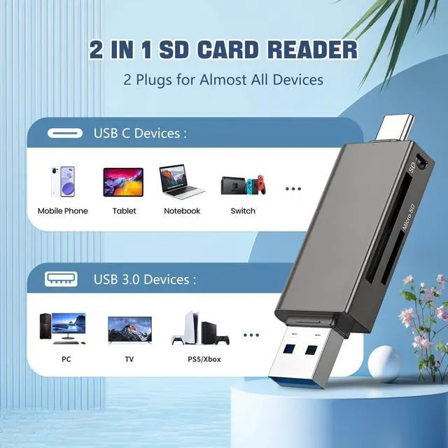 Alt view image 2 of 7 - Vszerda Micro SD Card Reader 2 in 1 Micro to C OTG Adapter Portable Memory Card Reader for SD TF SDXC SDHC MMC RS-MMC Micro SD Micro SDXC Micro SDHC Card and UHS-I Cards
