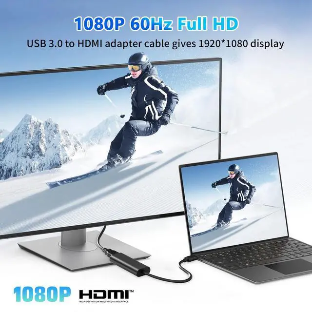 Alt view image 4 of 7 - Vszerda USB to HD Adapter, USB 3.0 to HD Monitor Connector Male to Female Multi-Display 1080P Output Cable Converter for Laptop Desktop PC TV, Compatible Windows11/10/8.1/8.7/MacOS Black