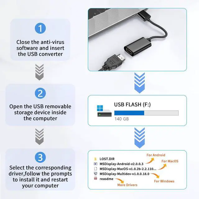 Alt view image 3 of 7 - Vszerda USB to HD Adapter, USB 3.0 to HD Monitor Connector Male to Female Multi-Display 1080P Output Cable Converter for Laptop Desktop PC TV, Compatible Windows11/10/8.1/8.7/MacOS Black