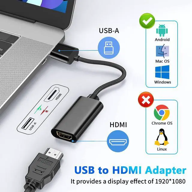 Alt view image 2 of 7 - Vszerda USB to HD Adapter, USB 3.0 to HD Monitor Connector Male to Female Multi-Display 1080P Output Cable Converter for Laptop Desktop PC TV, Compatible Windows11/10/8.1/8.7/MacOS Black
