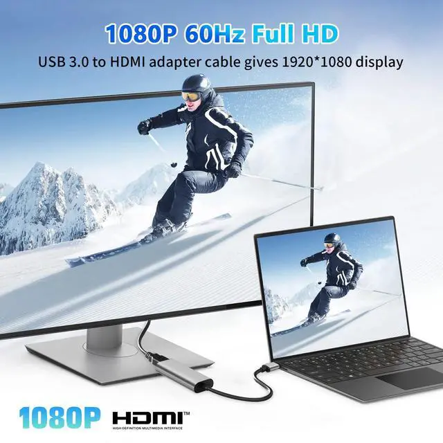 Alt view image 4 of 7 - Vszerda USB to HD Adapter, 1080P USB 3.0 to HD Monitor Connector Male to Female Multi-Display Cable Converter for Laptop Desktop PC TV, Compatible Windows11/10/8.1/8.7/MacOS Grey