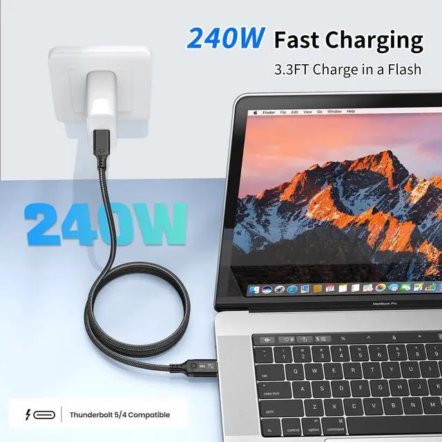 Alt view image 3 of 7 - Vszerda 120Gbps Thunderbolt 5 Cable 3.3FT, up to 120Gbps Bandwidth for 16K/Dual 8K, 240W, Braided USB C Video Cable Compatible with Thunderbolt 4/5, USB4, SSD, MacBook M4 Pro, eGPU and USB C, Black