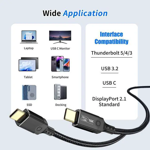 Alt view image 6 of 7 - Vszerda 120Gbps Thunderbolt 5 Cable 3.3FT, up to 120Gbps Bandwidth for 16K/Dual 8K, 240W, Braided USB C Video Cable Compatible with Thunderbolt 4/5, USB4, SSD, MacBook M4 Pro, eGPU and USB C, Black