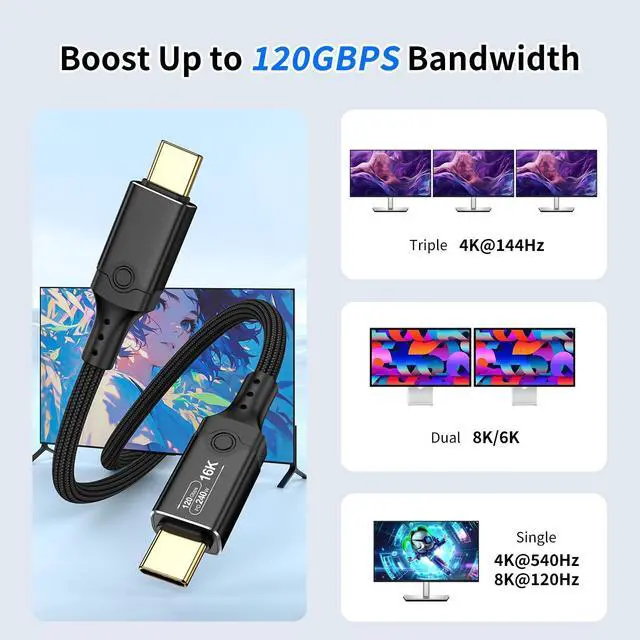 Alt view image 5 of 7 - Vszerda 120Gbps Thunderbolt 5 Cable 3.3FT, up to 120Gbps Bandwidth for 16K/Dual 8K, 240W, Braided USB C Video Cable Compatible with Thunderbolt 4/5, USB4, SSD, MacBook M4 Pro, eGPU and USB C, Black