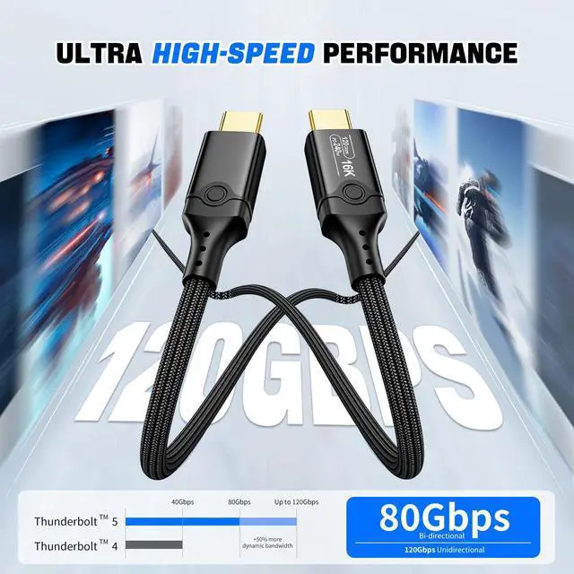 Alt view image 2 of 7 - Vszerda 120Gbps Thunderbolt 5 Cable 6.6FT, up to 120Gbps Bandwidth for 16K/Dual 8K, 240W, Braided USB C Video Cable Compatible Thunderbolt 4/5, SSD, MacBook M4 Pro,Dock,eGPU,USB4 and USB C, Black