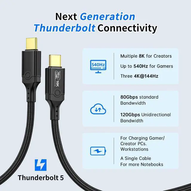 Alt view image 4 of 7 - Vszerda 120Gbps Thunderbolt 5 Cable 6.6FT, up to 120Gbps Bandwidth for 16K/Dual 8K, 240W, Braided USB C Video Cable Compatible Thunderbolt 4/5, SSD, MacBook M4 Pro,Dock,eGPU,USB4 and USB C, Black