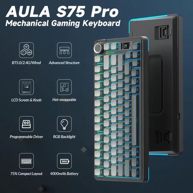 Alt view image 2 of 7 - Vszerda S75 PRO Wireless Mechanical Keyboard with Screen&Knob, Tri-Mode Hot Swappable Gaming Keyboard 75%, Pre-lubed Switches, RGB Backlit, Side Printed PBT Keycaps, Creamy Sounding Computer Keyboards