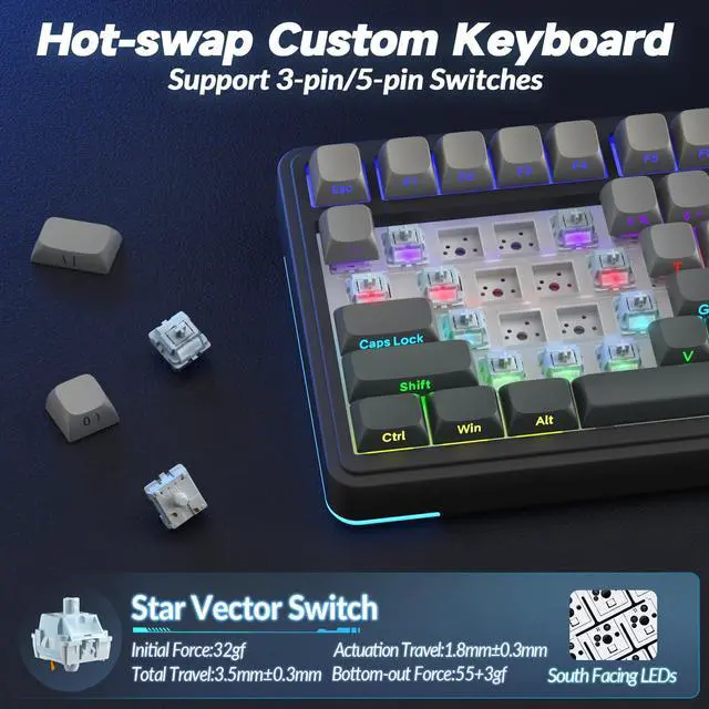 Alt view image 5 of 7 - Vszerda S75 PRO Wireless Mechanical Keyboard with Screen&Knob, Tri-Mode Hot Swappable Gaming Keyboard 75%, Pre-lubed Switches, RGB Backlit, Side Printed PBT Keycaps, Creamy Sounding Computer Keyboards