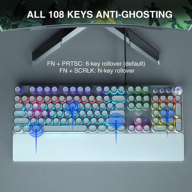 Alt view image 6 of 7 - Vszerda F2088 Typewriter Mechanical Keyboard, White Retro Wired Gaming Keyboard with Blue Switches, Rainbow Backlit, Round Keycaps, Media Knob & Removable Wrist Rest