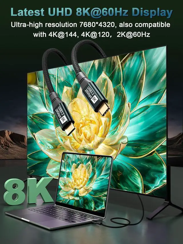 Alt view image 2 of 7 - Short USB C Monitor Cable 1FT-8K@60Hz USB-C Video Cable-100W PD Fast Charging-USB 3.2 Gen 2 20Gbps Data Transfer, USBC to USBC Display Cable for iPhone 15 / 16 Plus Pro Max, MacBooks, iPad, Carplay