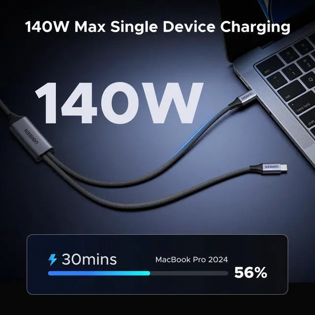 Alt view image 2 of 7 - UGREEN 140W USB C Cable, 5FT 2-in-1 USB C to USB C Cable, Fast Charging for iPhone 17/17 Pro Max/16/15 Series, Galaxy S25/S24/S23 Series, MacBook Air/Pro, iPad Pro/Air, Steam Deck, and More
