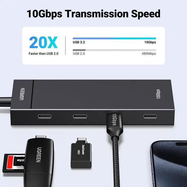 Alt view image 2 of 6 - UGREEN USB-C Hub 4-Port 10Gbps Data Only USB 3.2 Hub Multiport Adapter Compatible with MacBook Pro, MacBook Air, iPad Pro, iPad mini 6 and iPhone 15, Plug and Play 0.3ft Cable