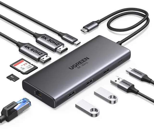 Main image of UGREEN Docking Station 10 in 1 Revodok Pro 210 USB C Dock Dual HDMI 4K@60Hz Single 8K@30Hz 100W PD 5Gbps USB C and USB A Data Ports Gigabit Ethernet, SD/TF Card Reader USB Hub Compatible for HP,