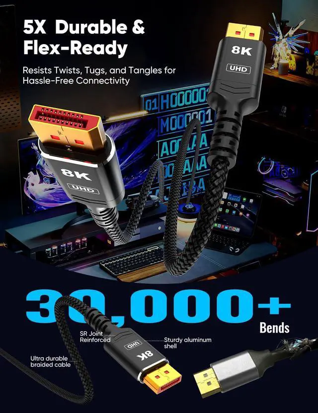 Alt view image 5 of 7 - Vszerda 8K 4K DisplayPort Cable 1.4, 2-Pack 3.3FT DP Cord ( 8K@60Hz, 4K@144Hz, 2K@240Hz/165Hz), 32.4Gbps High Speed Display Port Cable for Gaming Monitor, HDR/FreeSync/G-Sync, Black