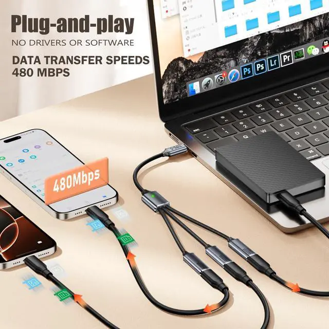 Alt view image 3 of 5 - Vszerda 0.8Ft USB2.0 Adapter, USB Splitter Y, USB1 in to 3 Out Extender Cable,for Car/Mac/Xbox/Laptop/Tablet/Smartphone Data TransmissionBlack