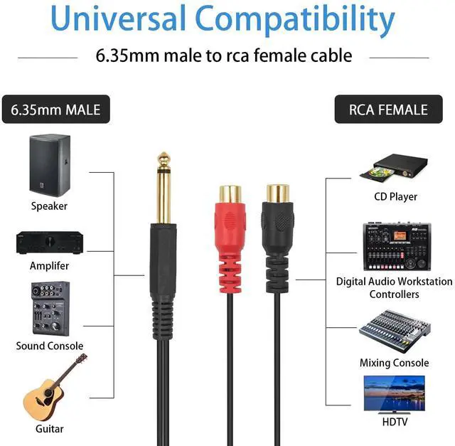 Alt view image 3 of 6 - Vszerda RCA to 1/4 inch Adapter, RCA Female to 6.35mm TS Mono Male Converter Y Splitter Audio Adapter Cable for Mixer, Amp, Subwoofer, 20cm / 7.8inch