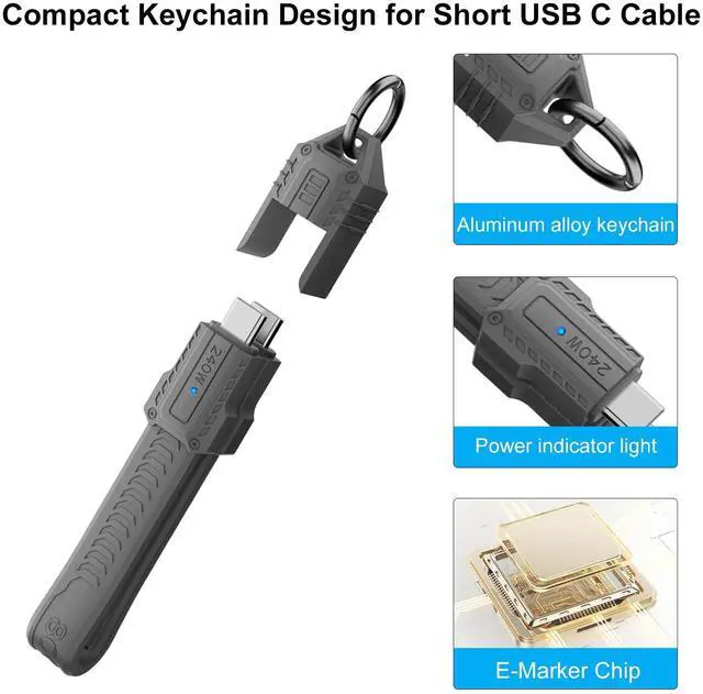 Alt view image 2 of 7 - Vszerda Short USB C Cable Keychain, 240W 5A Charging USB C Keychain Cable, 80Gbps Data Transfer, 8K 60Hz Video Display for iPhone 16 15, Laptop, External SSD, in Grey 13cm