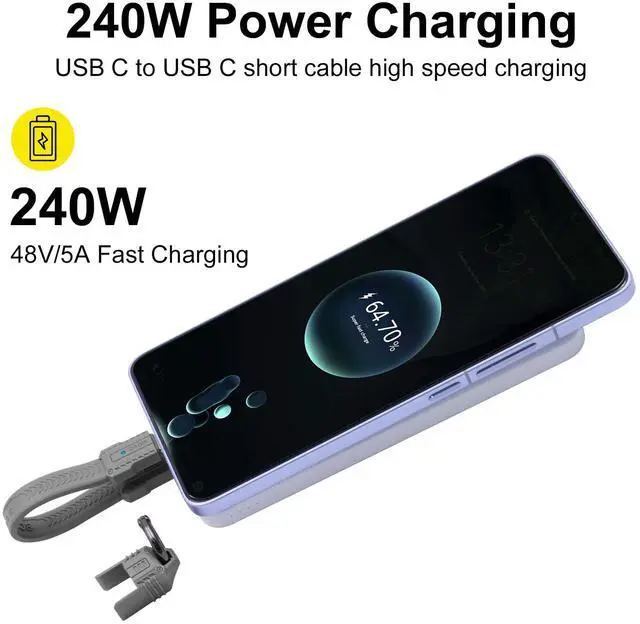 Alt view image 3 of 7 - Vszerda Short USB C Cable Keychain, 240W 5A Charging USB C Keychain Cable, 80Gbps Data Transfer, 8K 60Hz Video Display for iPhone 16 15, Laptop, External SSD, in Grey 13cm