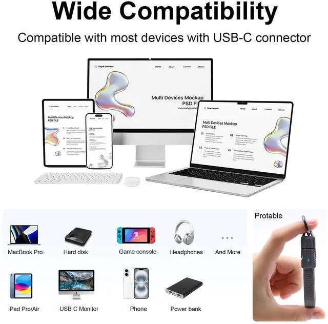 Alt view image 6 of 7 - Vszerda Short USB C Cable Keychain, 240W 5A Charging USB C Keychain Cable, 80Gbps Data Transfer, 8K 60Hz Video Display for iPhone 16 15, Laptop, External SSD, in Grey 13cm