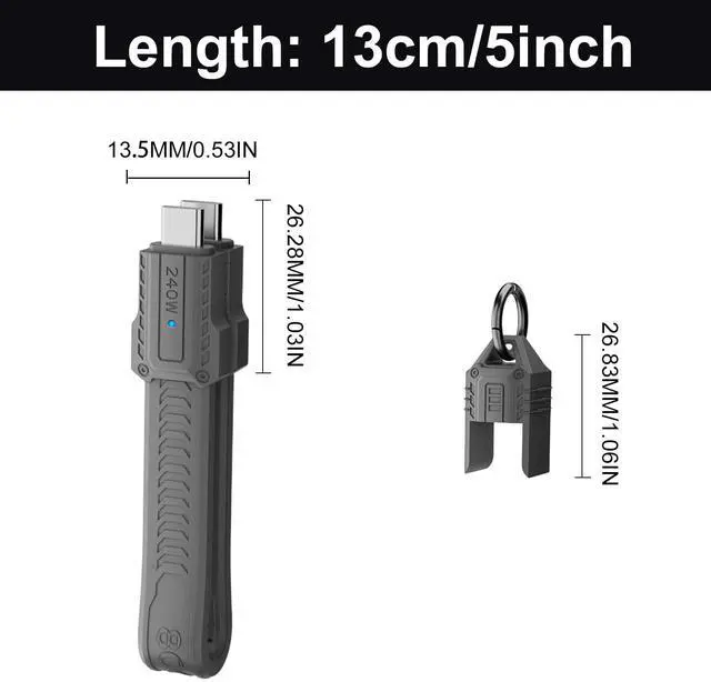 Alt view image 7 of 7 - Vszerda Short USB C Cable Keychain, 240W 5A Charging USB C Keychain Cable, 80Gbps Data Transfer, 8K 60Hz Video Display for iPhone 16 15, Laptop, External SSD, in Grey 13cm