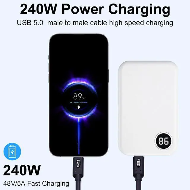 Alt view image 2 of 7 - Vszerda Thunderbolt 5 Cable 2FT, 80Gbps USB C to USB C Cable Short, Up to 120Gbps Bandwith, 240W Power, Dual 8K Display, Type-C Fast Charging Cable for Thunderbolt 5/4, USB4, MacBook, SSD