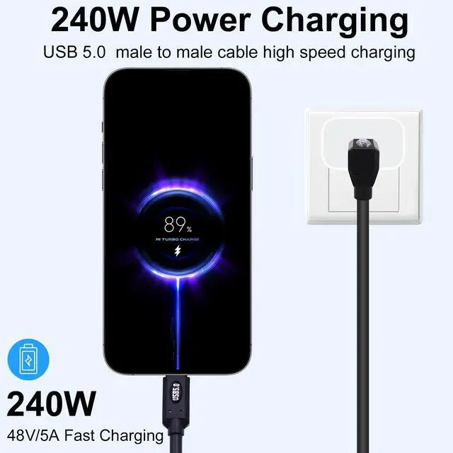 Alt view image 2 of 7 - Vszerda 90 Degree USB C Thunderbolt Cable 2FT, 80Gbps Thunderbolt 5 Cable, 240W Power, Dual 8K Display, 120Gbps Bandwith, Up Down Angle Type C Cord Compatible with iPhone16/15, Laptops, Phones