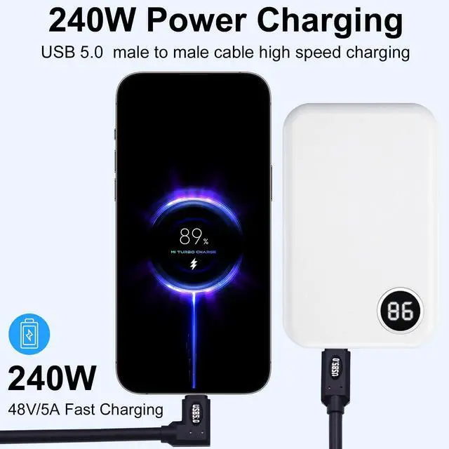 Alt view image 2 of 7 - Vszerda Right Angle USB C Cable 2ft, 80Gbps Right Angle Thunderbolt 5 Cable, 240W Power, Dual 8K Display, 120Gbps Bandwith, 90 Degree USB C Thunderbolt Cord, Compatible for MacBook,iPhone 16,SSD