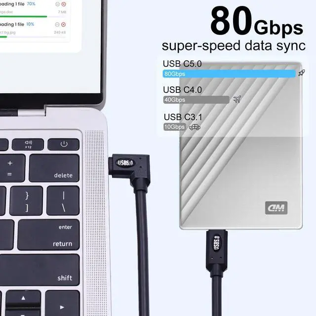 Alt view image 3 of 7 - Vszerda Right Angle USB C Cable 2ft, 80Gbps Right Angle Thunderbolt 5 Cable, 240W Power, Dual 8K Display, 120Gbps Bandwith, 90 Degree USB C Thunderbolt Cord, Compatible for MacBook,iPhone 16,SSD
