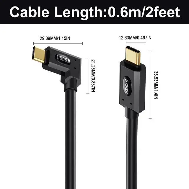 Alt view image 7 of 7 - Vszerda Right Angle USB C Cable 2ft, 80Gbps Right Angle Thunderbolt 5 Cable, 240W Power, Dual 8K Display, 120Gbps Bandwith, 90 Degree USB C Thunderbolt Cord, Compatible for MacBook,iPhone 16,SSD