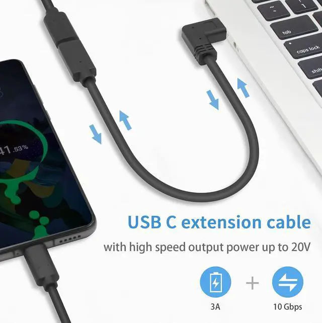Alt view image 3 of 7 - Vszerda USB C Extension Cable 30CM, USB C Right Angle Extension Cable Short, PD 3.1 90 Degree Type C Extender Cord with 3A Fast Charing for Laptop PC Mobile Phone