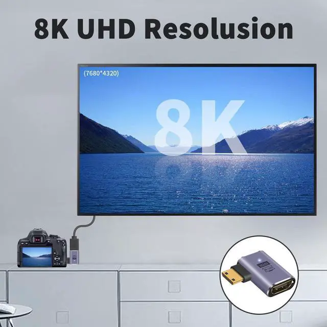 Alt view image 3 of 7 - Vszerda Mini HDMI to HDMI Adapter 8K, 90 Degree Left and Right Angle Mini-HDMI 2.1 Adapter Converter with 48Gbps & 8K@60hz Comaptible with Camera, Projector, Raspberry Pi, 2-Style