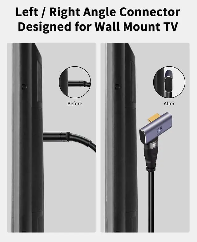 Alt view image 3 of 7 - Vszerda 8K HDMI 90 Degree Adapter, 270 Degree Left and Right Angle HDMI 2.1 Adapter, Male to Female Extender, 48Gbps, 8K@60Hz for HDTV Laptop PS5 Xbox, 2-Pack