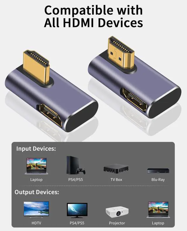 Alt view image 2 of 7 - Vszerda 8K HDMI 90 Degree Adapter, 270 Degree Left and Right Angle HDMI 2.1 Adapter, Male to Female Extender, 48Gbps, 8K@60Hz for HDTV Laptop PS5 Xbox, 2-Pack
